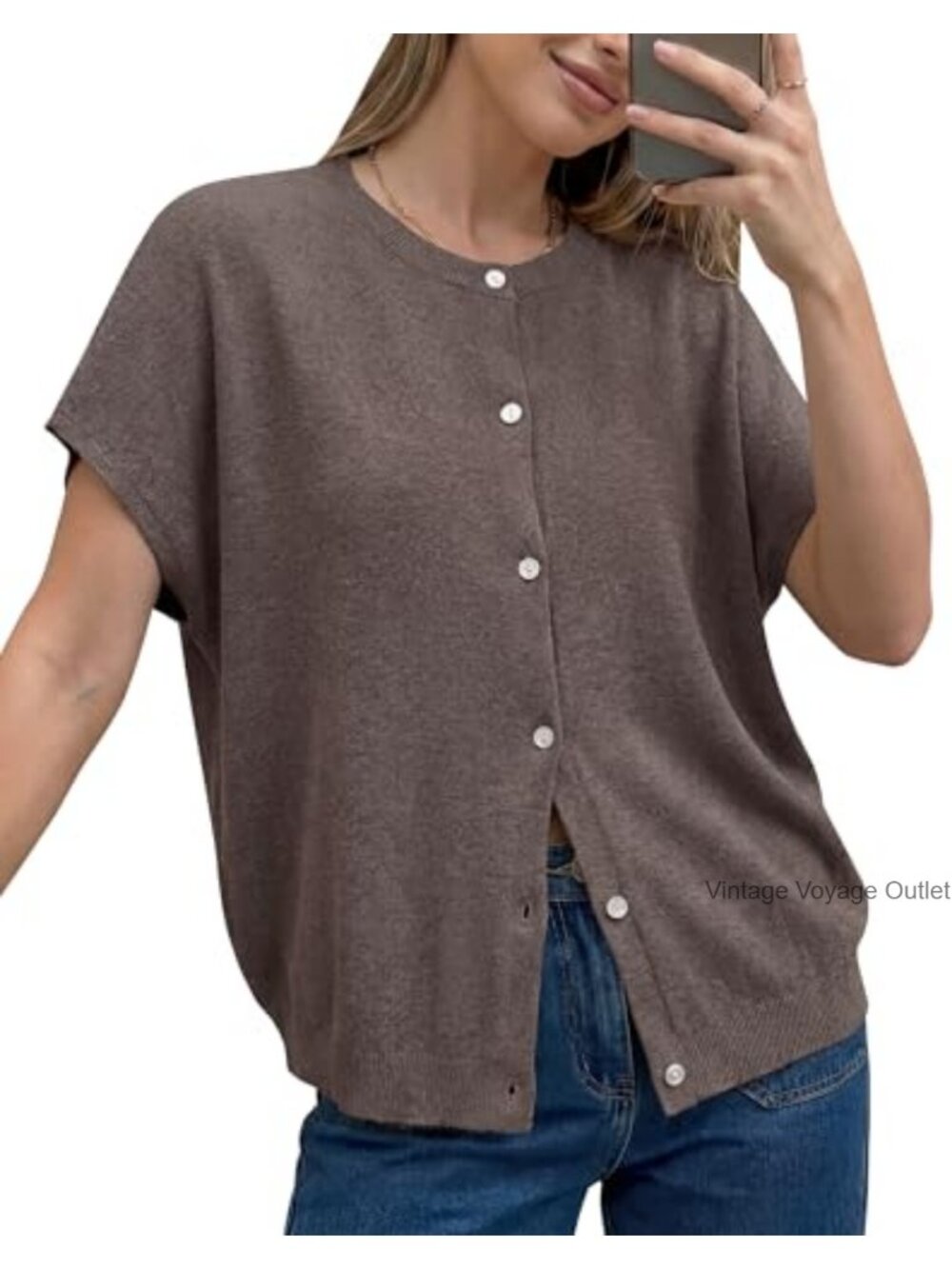 Wool Blend Oversized Batwing Short Sleeve Cardigan Button Up Knit